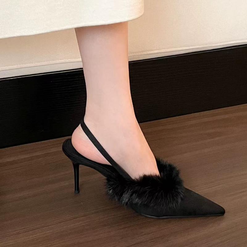 Fashion 2025 Summer High Heel Fluffy Women Sandals Shoes Fashion Pointed Toe Shoes Elegant Wedding Party Shoes New