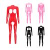 Womens Hollow Out Jumpsuit Long Sleeve Catsuit Mock Neck Zipper Back Patent Leather Bodysuit