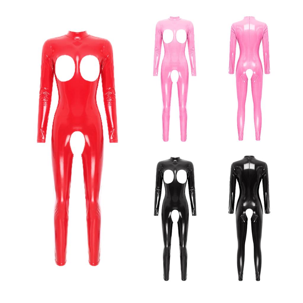 Women's Sexy Metallic Latex Leather Leotard Jumpsuit Hollow Out Long Sleeve Lingerie Bodysuit Skinny Catsuit