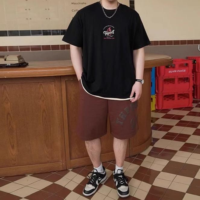 Fake two hundred matching stretch solid color fit wrinkle loose men's short-sleeved fashion short-sleeved top comfortable lightweight T-shirt