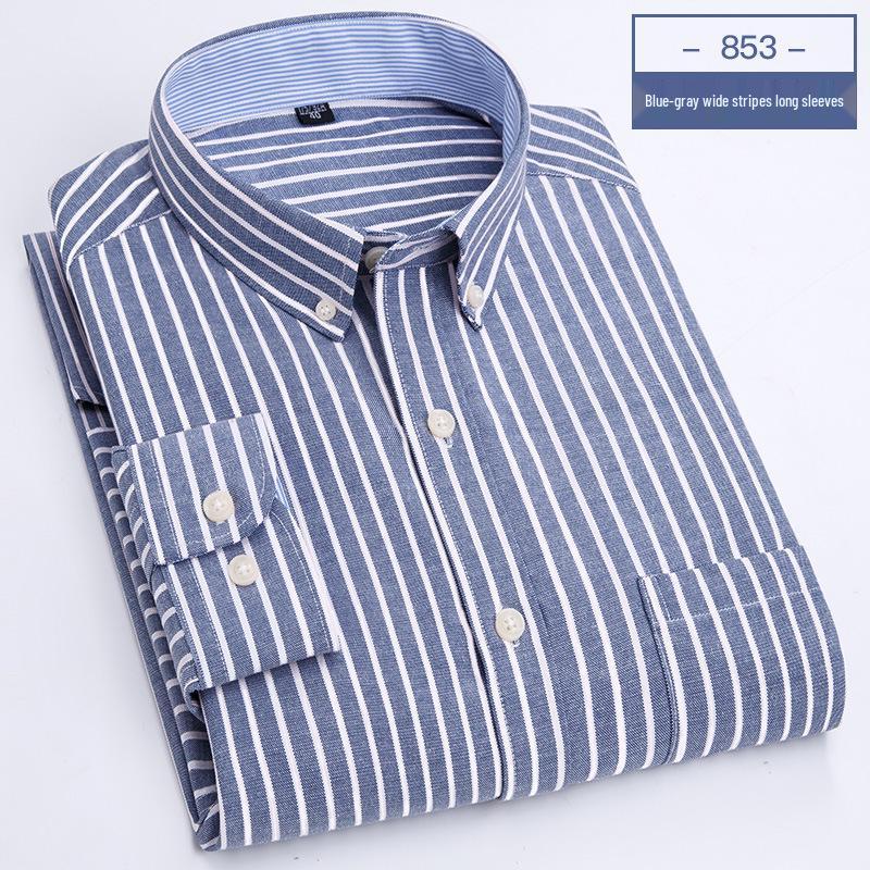 Men's Oxford Cloth Button-Down Shirt - All-Season, Long-Sleeved, Contrast Collar, Casual Cardigan Style for Middle-Aged and Elderly