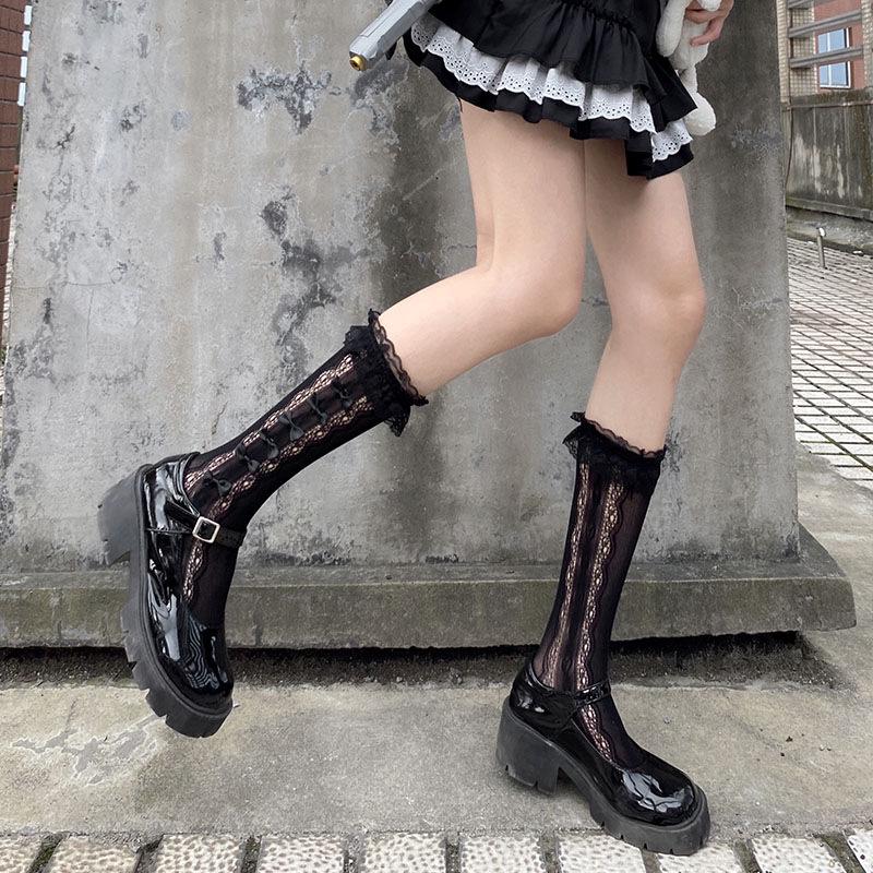 Weiße Spitzen Mid-Calf Socken mit Schleife - Lolita-Stil