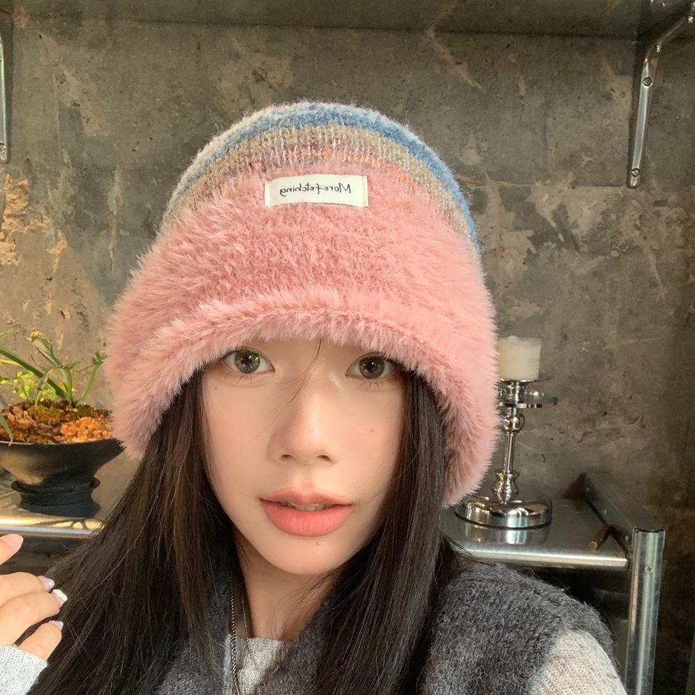 Women's Fashion Autumn and Winter Warm Wool Hat Versatile Ear Protector Big Head Circumference Knitted Hat Rainbow Color Matching Pile Hat