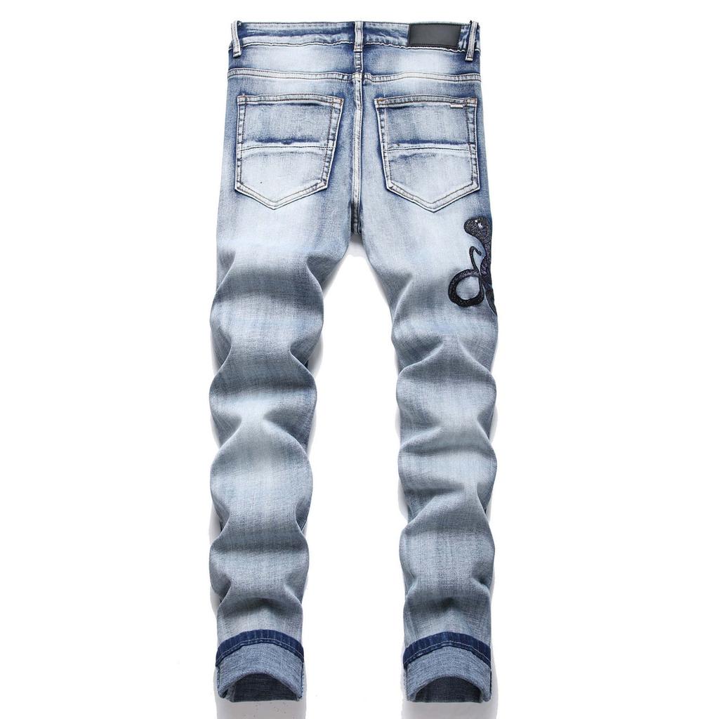 Denim Street Youth Trendy Jeans Embroidered Hole Stretch Small Leg Men's Jeans