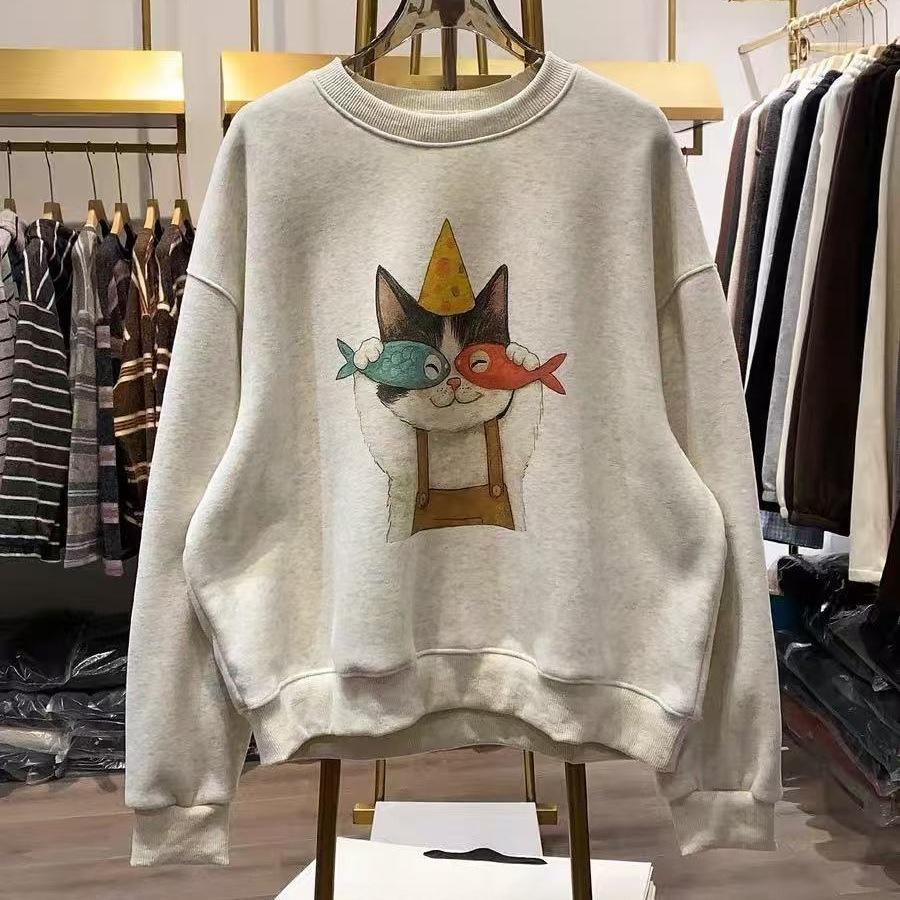 Round-neck Fleece Pullover Women's New Style Loose Cartoon Cat Hooded Casual Fall/winter Thick and Warm Top