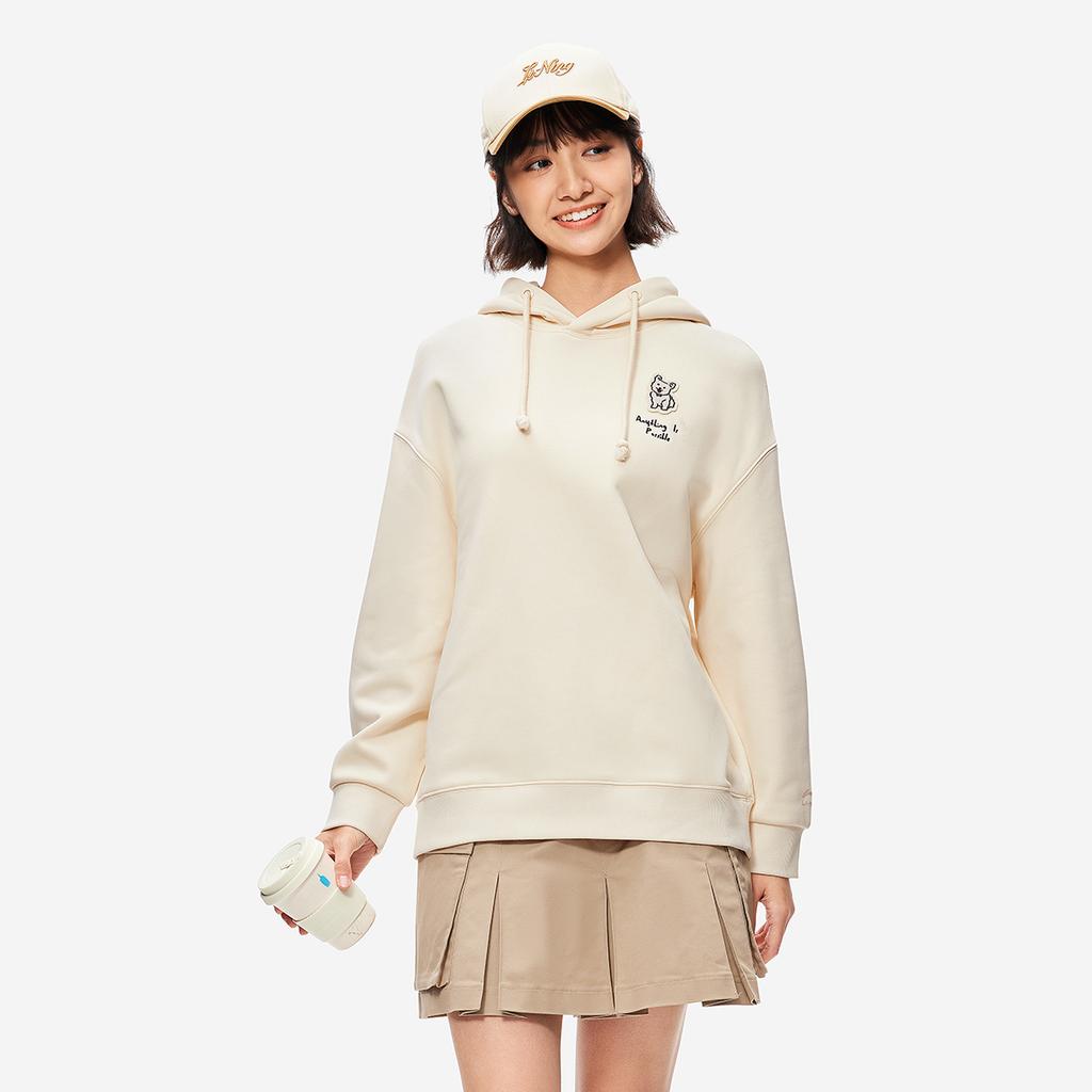 Li Ning Série Mode Sport Chaleur Infrarouge Lointain Antistatique Antibactérien Pull Molletonné à Capuche Femme Sweat-shirt Blanc Cygne AWDUF88-1