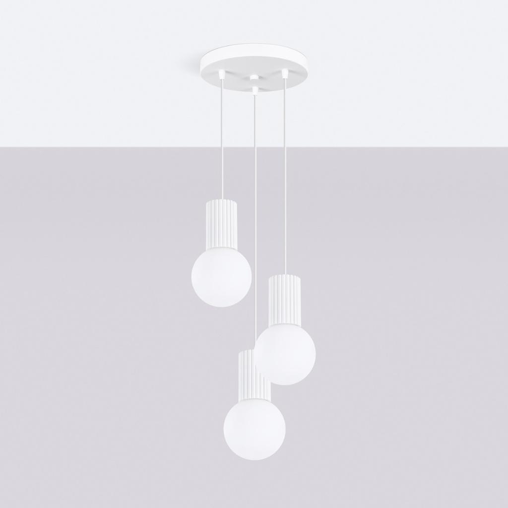 Lampa Wisząca Nowoczesna Okrągła Potrójna Biała Ryflowana Szklane Białe Kule Do Salonu Jadalni Nad Stół 3Xg9 8W Halo Sollux Lighting