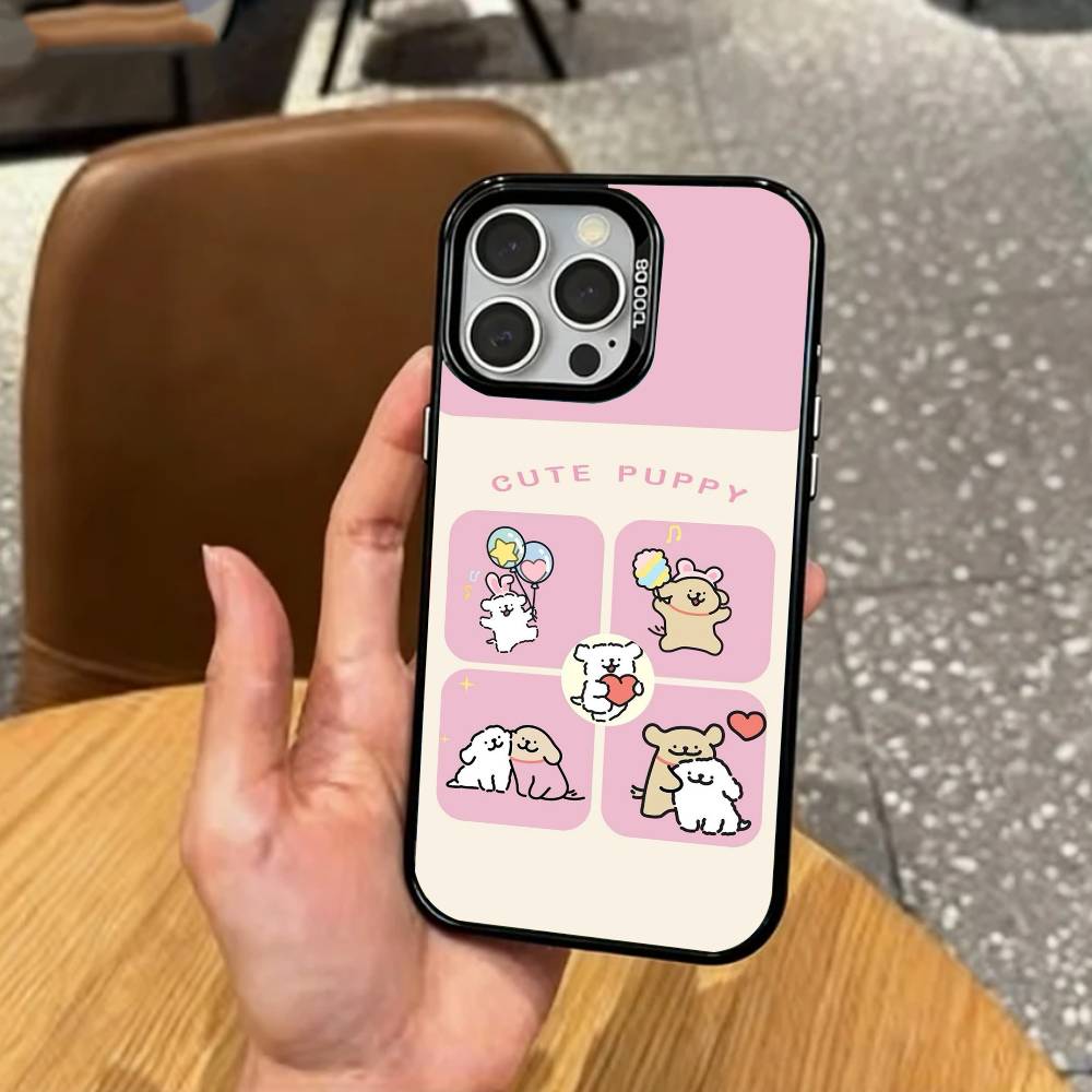 L-Lovely Line Puppy Cartoon Cute Dog   Phone Case For iPhone17,16,15,14,13,12,11 Plus,Pro Max Colored Silver Plated Inside Cover