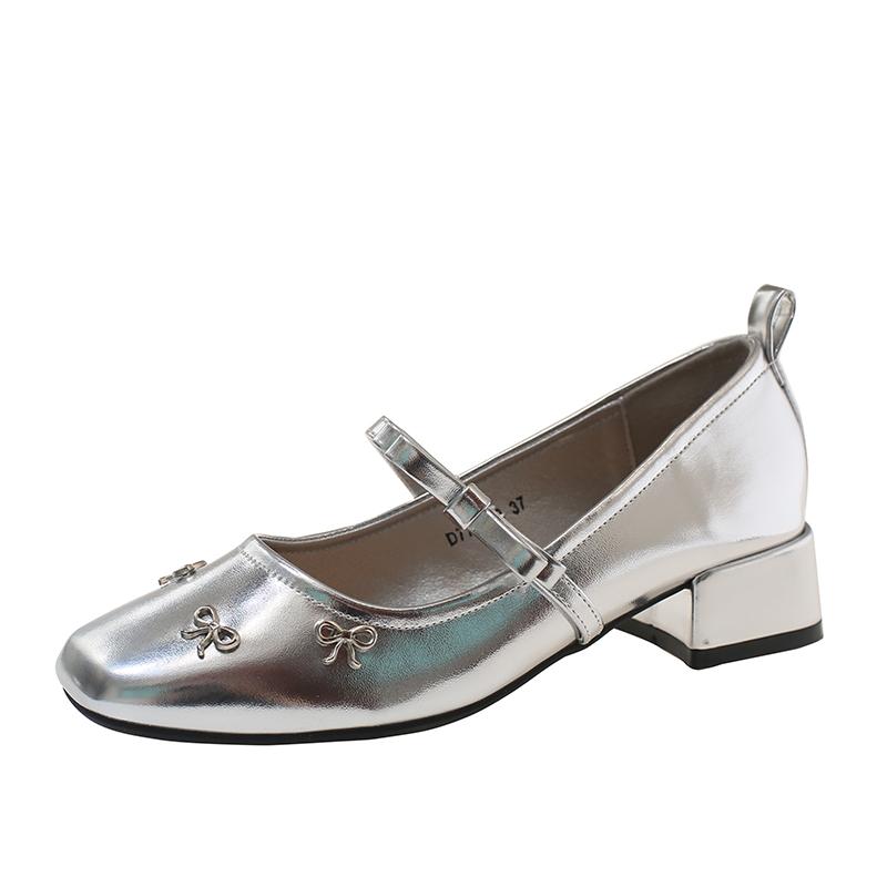 New French Style Square Toe Bow Ballet Shoes Super Soft Block Heel Mary Jane Single Shoes for Women 35 серебряный