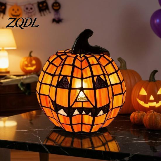 Halloween Themed Light 1/2Pcs Bow Pumpkin Light, Stained Glass Desk Lamp, Warm Night Spooky Jack-O-Lantern Nigh Decoration for Home Office