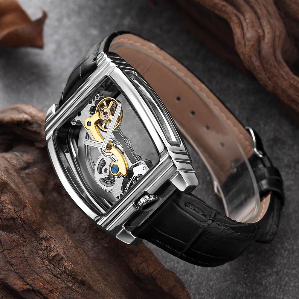 Reloj Mecánico Automático Transparente Hombre Steampunk Esqueleto Engranaje de Lujo Cuerda Automática Cuero Relojes de Hombre Montre Homme