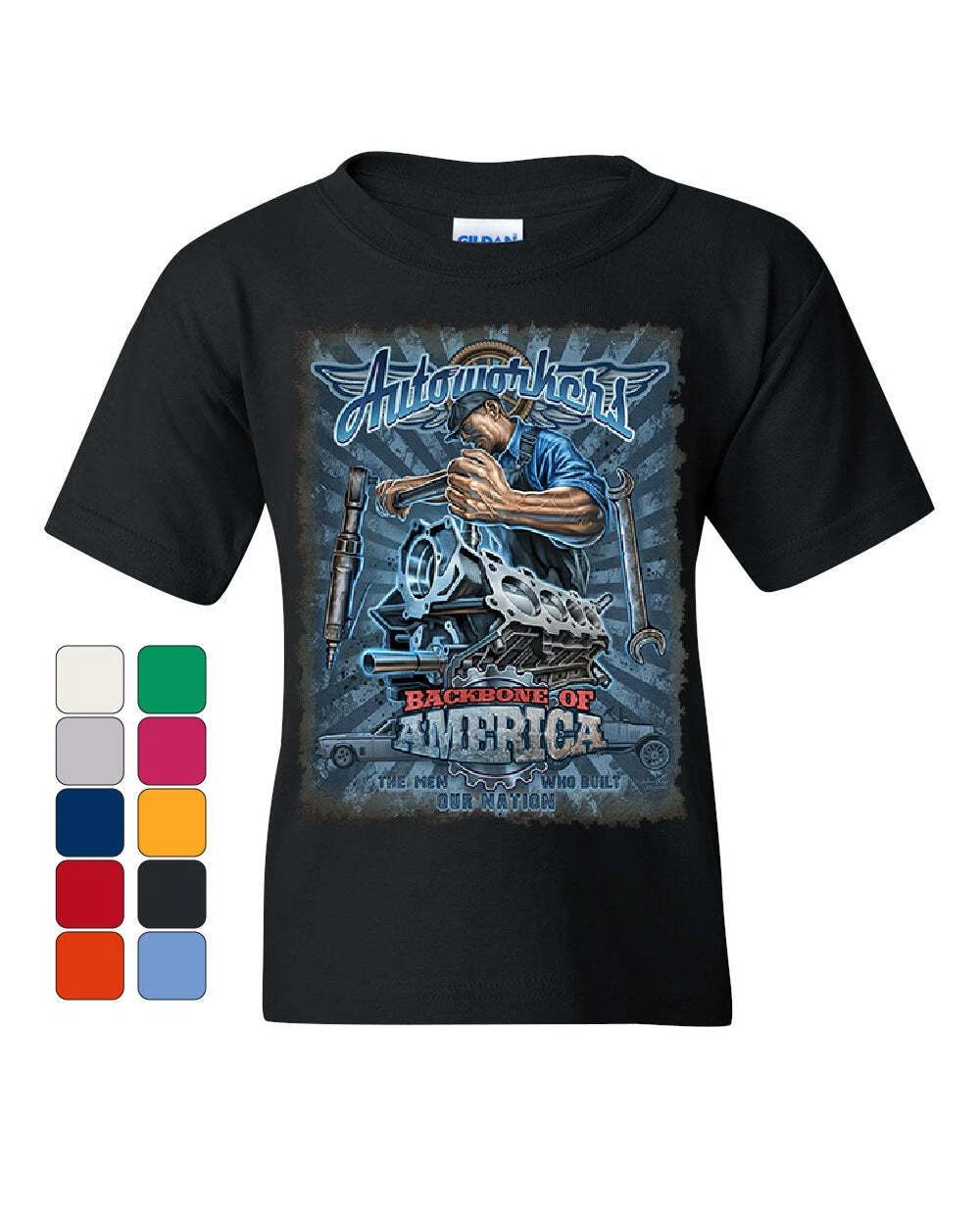 Autoworkers Backbone of America Youth kids boys T-Shirt Car Motor Mechanic Union Kids Tee 100