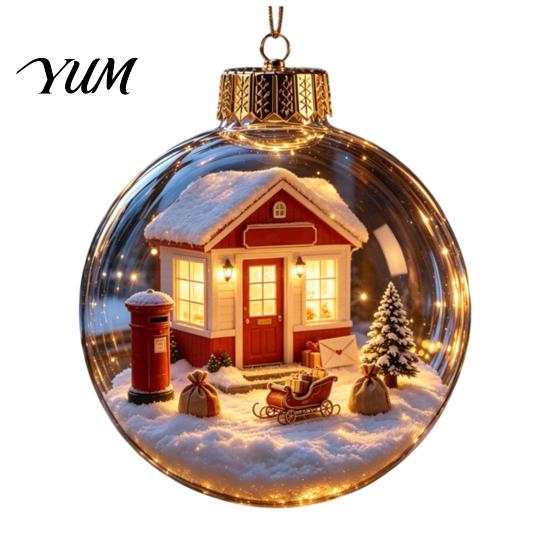 Transparent Christmas Tree Decor 3D Acrylic Faux Crystal Ball Ornament, Lighted Reindeer Sleigh Luminous Ornaments Snow Scene Hanging for Tree,