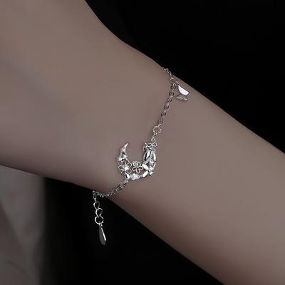 Bracelet en argent sterling S925 pour fille, cœur, diamant brillant, lune, chaton, mode féminine, pompon, petite fleur, papillon