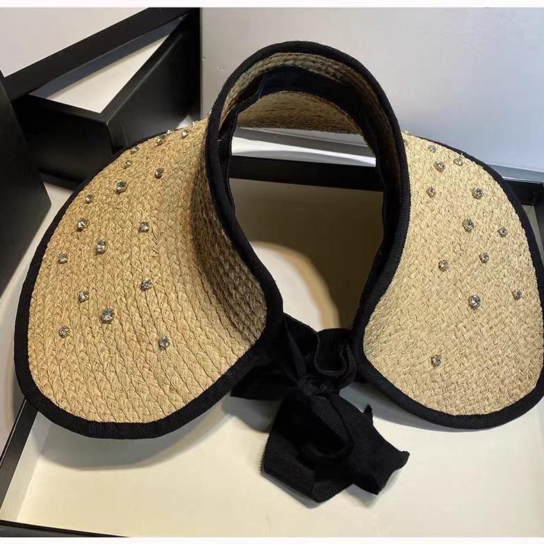 Trendy Summer Luxury Rhinestone Sun Hat, Straw Hat, Sun Protection Hat, Wide-brimmed Beach Hat, Raffia Empty-top Hat