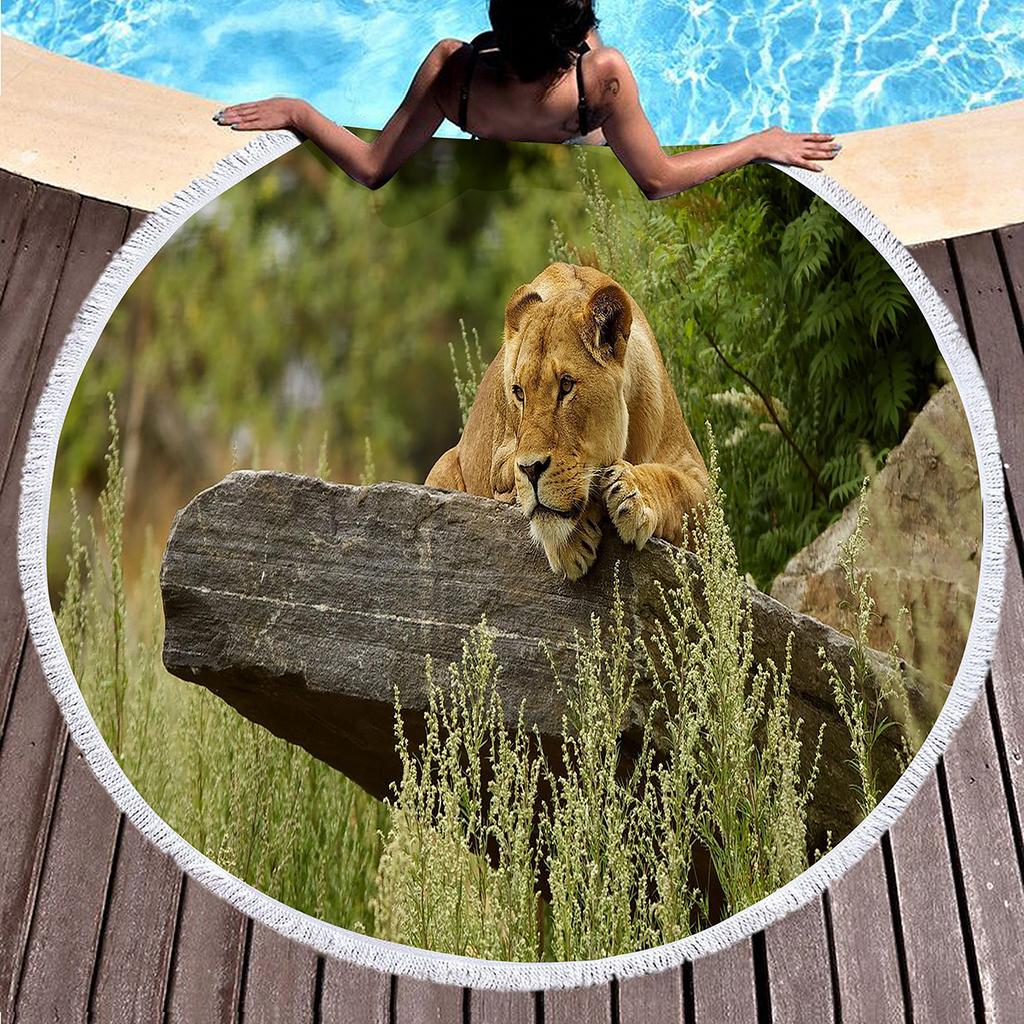 Wild Animal Print Round Beach Towel with Tassels, Sand Resistant Beach Blanket, Absorbent Quick Dry Pool Towel Soft Picnic Mat