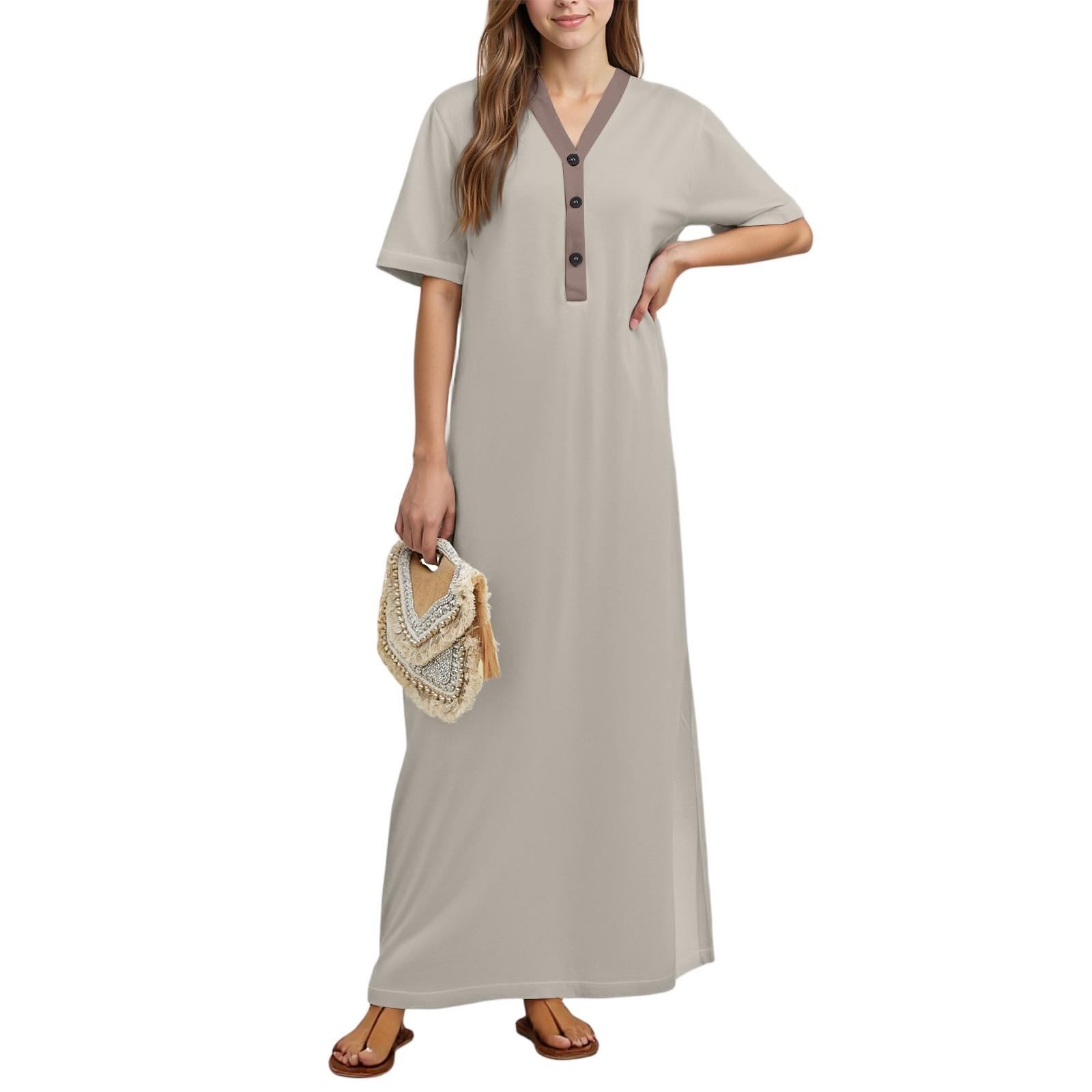 Женская ночная рубашка Домашняя одежда Ночная рубашка с коротким рукавом и карманами Длинное платье XL светло-серый