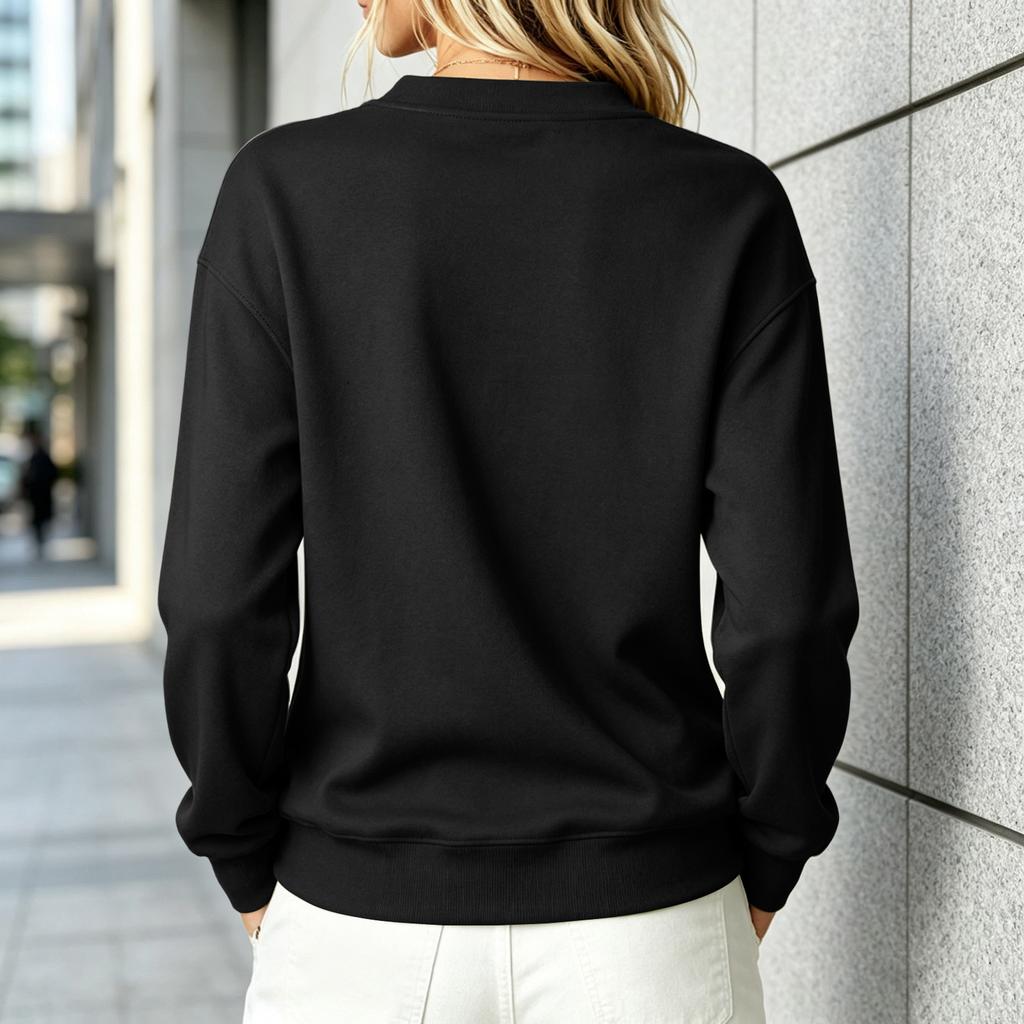 Women's Casual Long Sleeve Pullover Sweatshirt with V-Neck and Button, Loose Fit