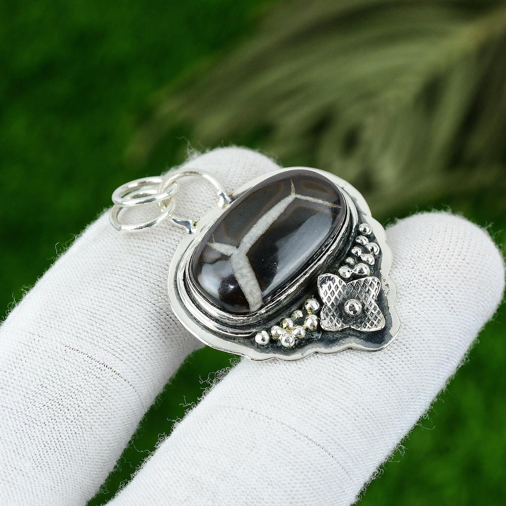 Natural Moroccan Mud Crack Fossil Gemstone 925 Sterling Silver Pendant For Women