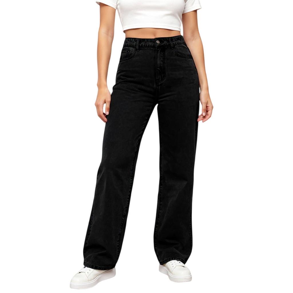 Jeans da donna a vita alta lavati, pantaloni alla moda versatili a gamba dritta
