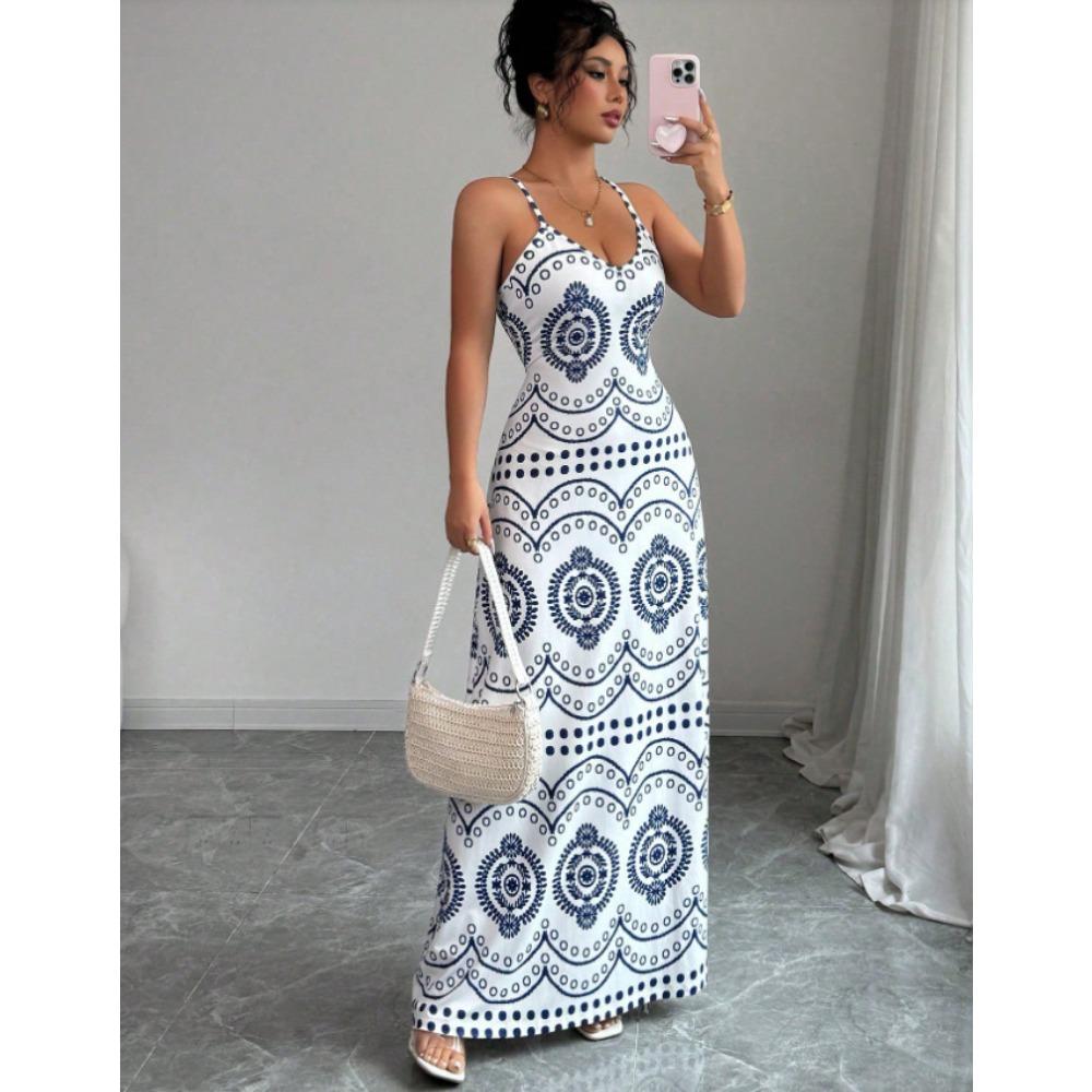 Women s V Neck Spaghetti Strap Bohemian Geometric Print Bodycon Maxi Dress Elegant Beach Party Long Dress S