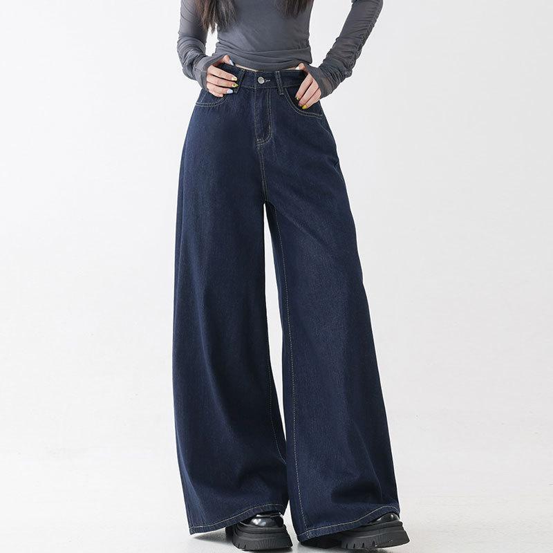 Drape Versatile Fat Mm Dark Blue High Waist Wide Leg Trousers American Casual Straight Loose Mopping Jeans Children