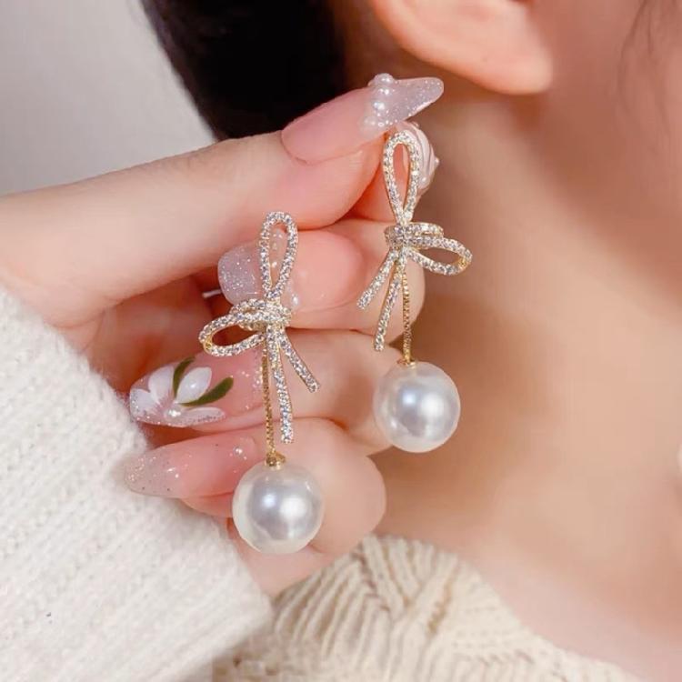 Fashionable Bows Drop Earrings Sweet Pearl Earrings Crystal Bowknot Ear Pendant