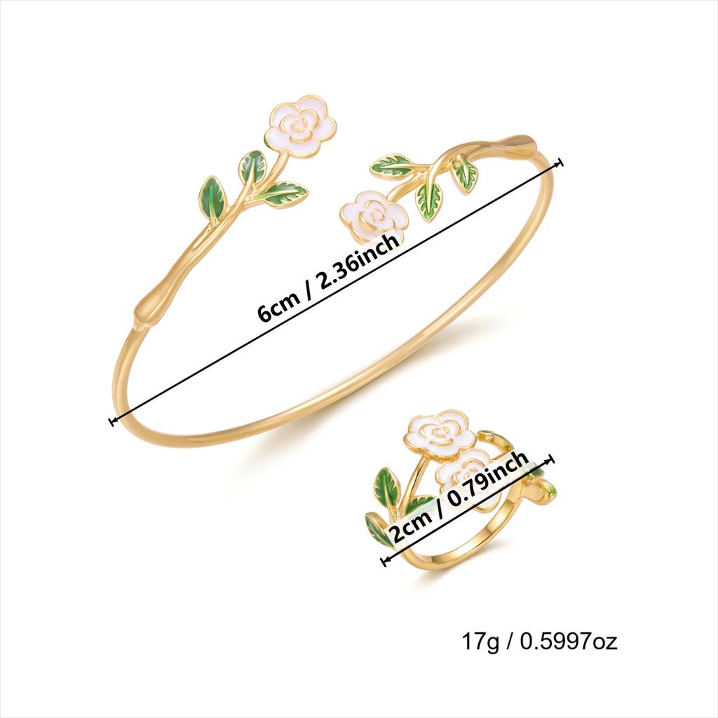 Women's Bracelet and Ring Set, Alloy Enamel Camellia Open Bracelet and Ring Set