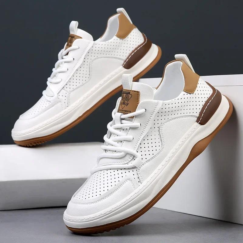 Men Shoes Solid Color Lace-Up Sneaker Pu Leather Hollow Out Breathable Casual Sport Shoe Lightweight No-Slip Zapatos Para Hombre