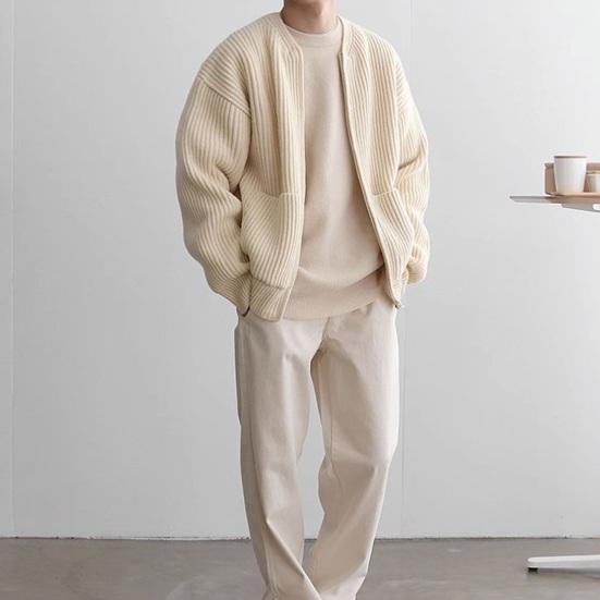 Men Autumn Winter Solid Color Cardigan Coat Collarless Long Sleeve Zipper Placket