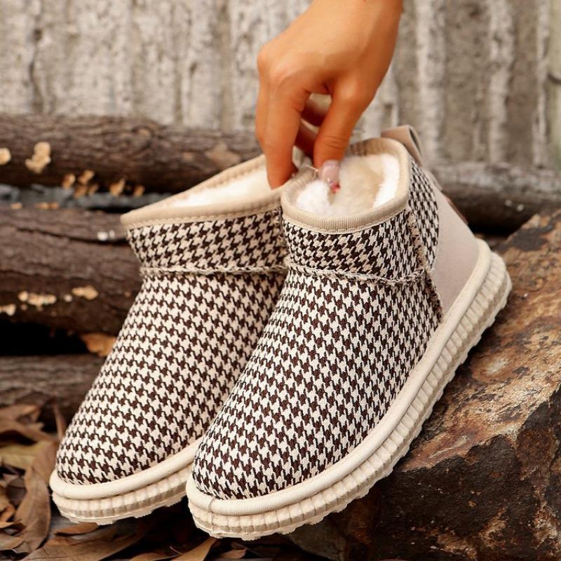 Winter new warm plaid round head snow boots women's velvet short cotton shoes women