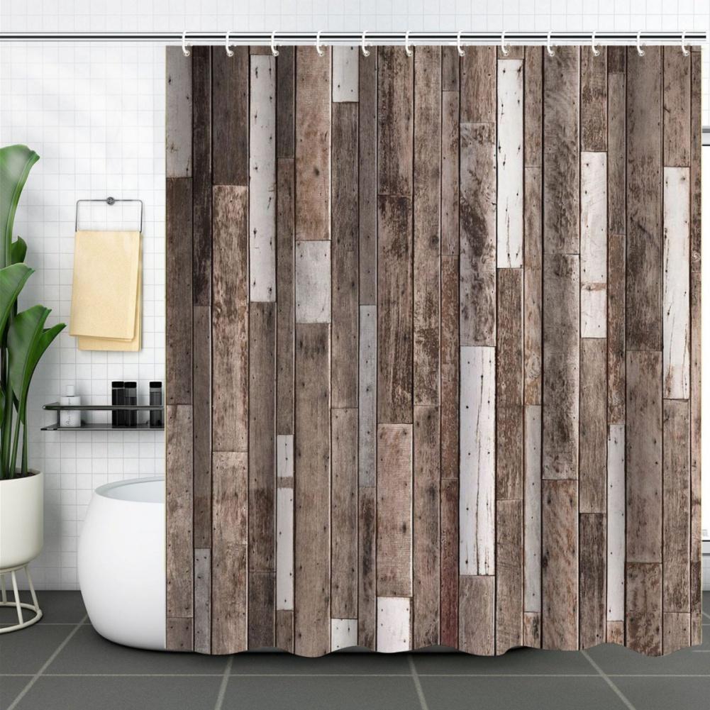 183*183cm Farmhouse Wooden Barn Door Style Shower Curtain Bathroom Curtain with Hooks