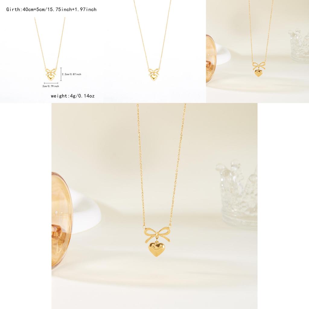 Summer Fashion Heart And Butterfly Bow Necklace In Gold Tone Stainless Steel For Women