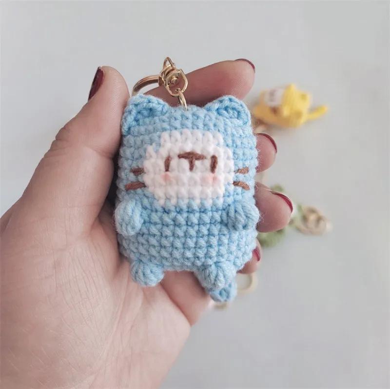 Cute Smiling Cat Doll Crochet Keychains Cartoon Kitten Keyrings For Bag Pendant Knitting Animal Doll Keychain Custom Accessories