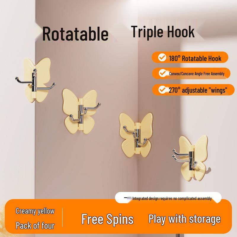 Rotatable Butterfly Wall-Mounted Corner Hook - 3-Arm, Punch-Free, Multi-Purpose Storage for Home and Kitchen.