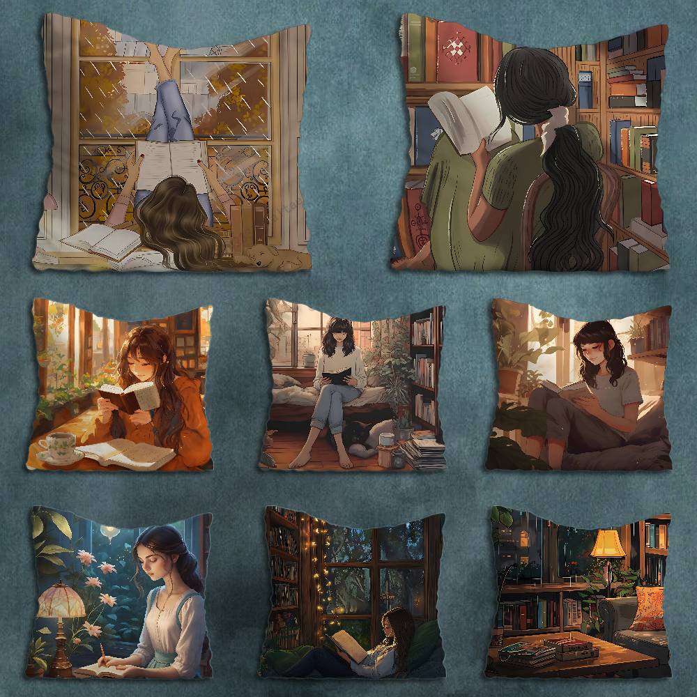 Read Book illustration Pillowcase for Sofa Room Office Decor Printing Merchandise AllMatch Cushion Cover