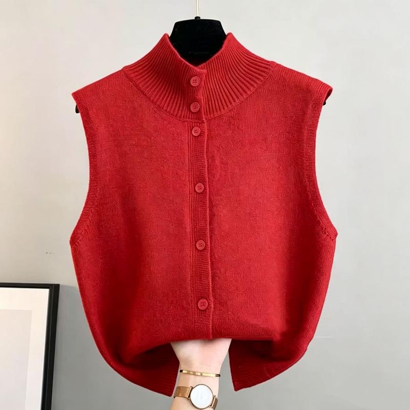 Womens Red Knitted Sleeveless Vest Mock Neck Button Closure Soft Warm For Daily Casual Office Layered Outfits