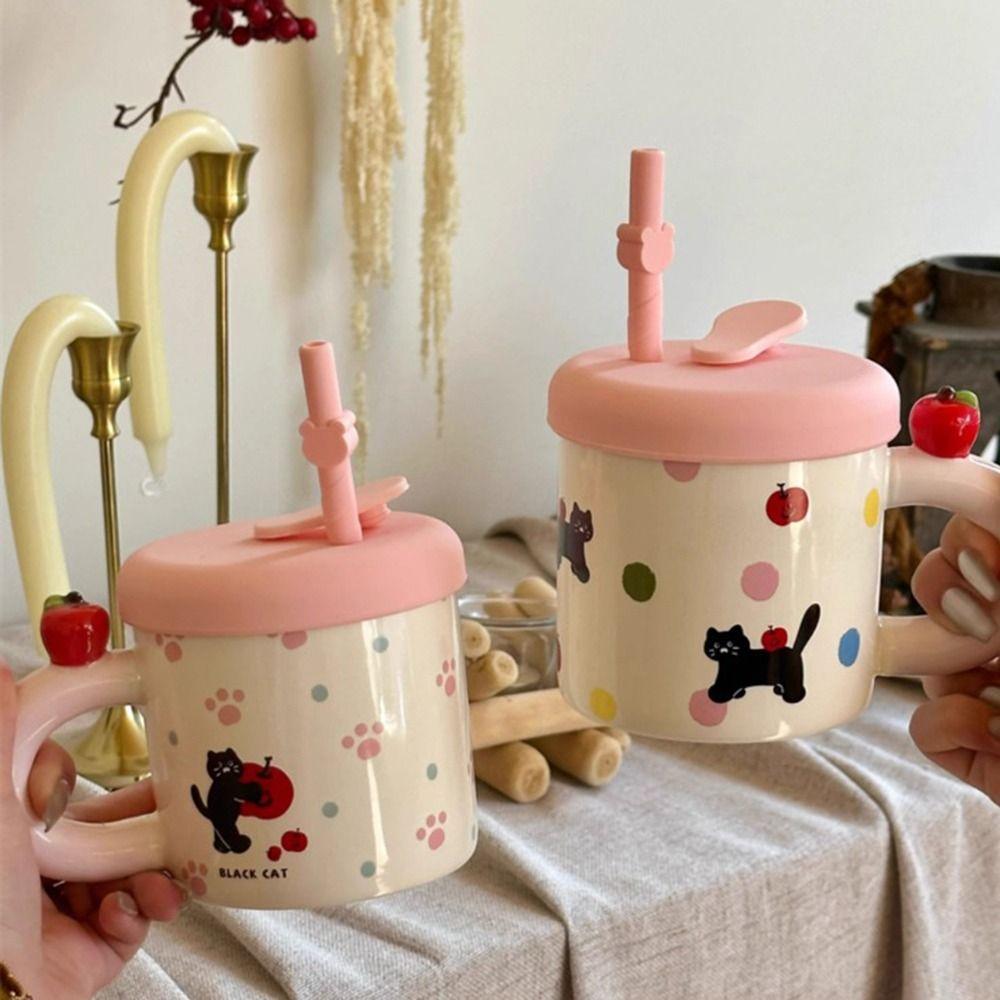 With Straw Cute Drinking Cup Cute Cat Pattern Water Cup with Lid for Best Friend