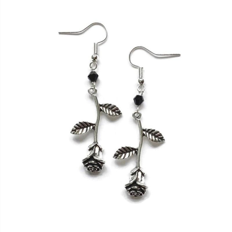 1 Pair Gothic Rose Earrings Round Bead Black Gem Pendant Rose Earrings Punk Jewelry for Women Girls Ladies Accessories