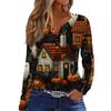 Women's Casual Long Sleeve V-Neck T-Shirt with Halloween Print and Decorative Buttons