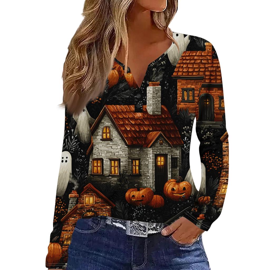Women's Casual Long Sleeve V-Neck T-Shirt with Halloween Print and Decorative Buttons
