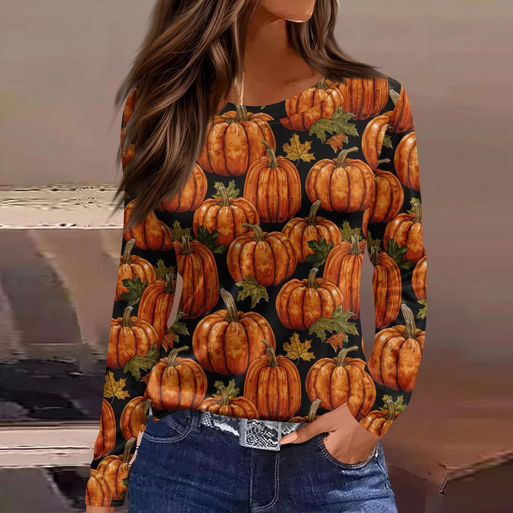 Women's Fashion Hem Slit Casual Halloween Printed Round Neck Long Sleeve Top
