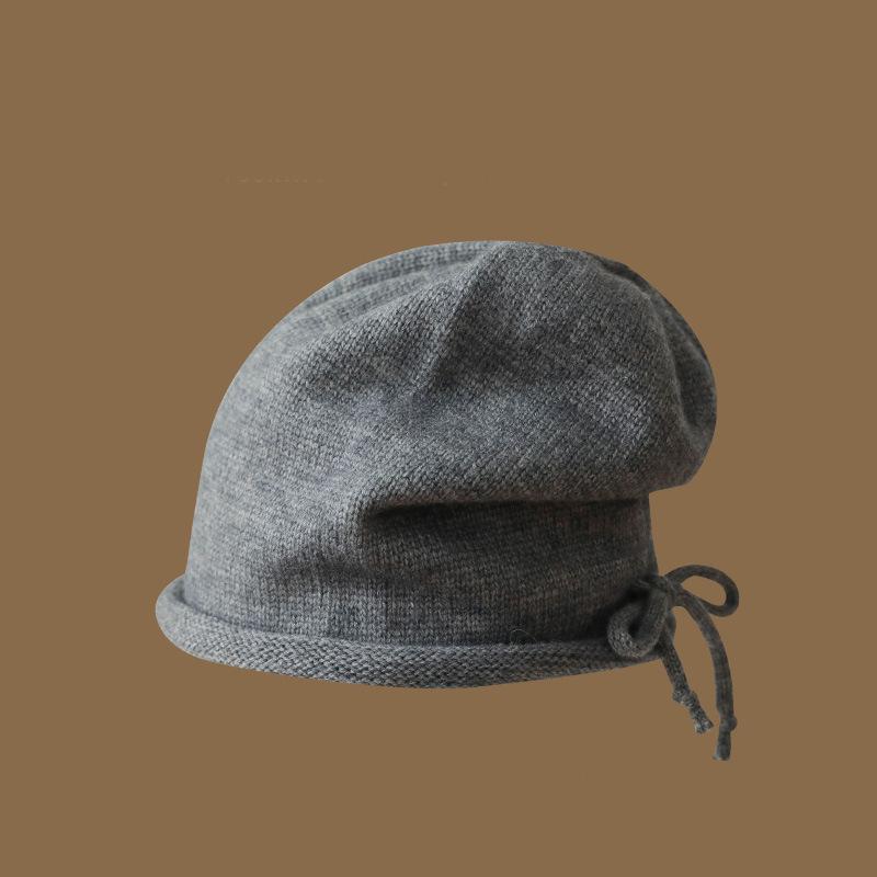 Pullover hat Girls drawstring curling lazy wind stacking hat Baotou hat solid color knitted hat