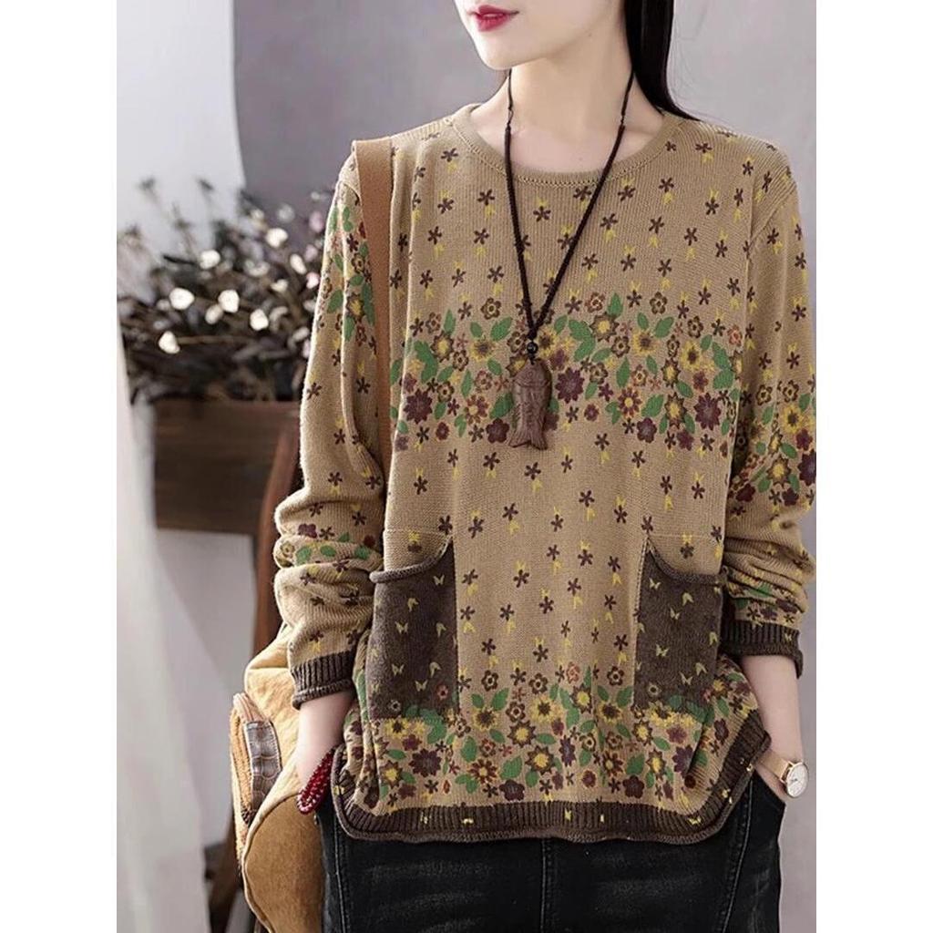 Women's Retro Print Cotton Sweater - Autumn Round Neck, Rolled Hem, Loose Fit, Plus Size, Age-Reducing Knitwear with Pocket