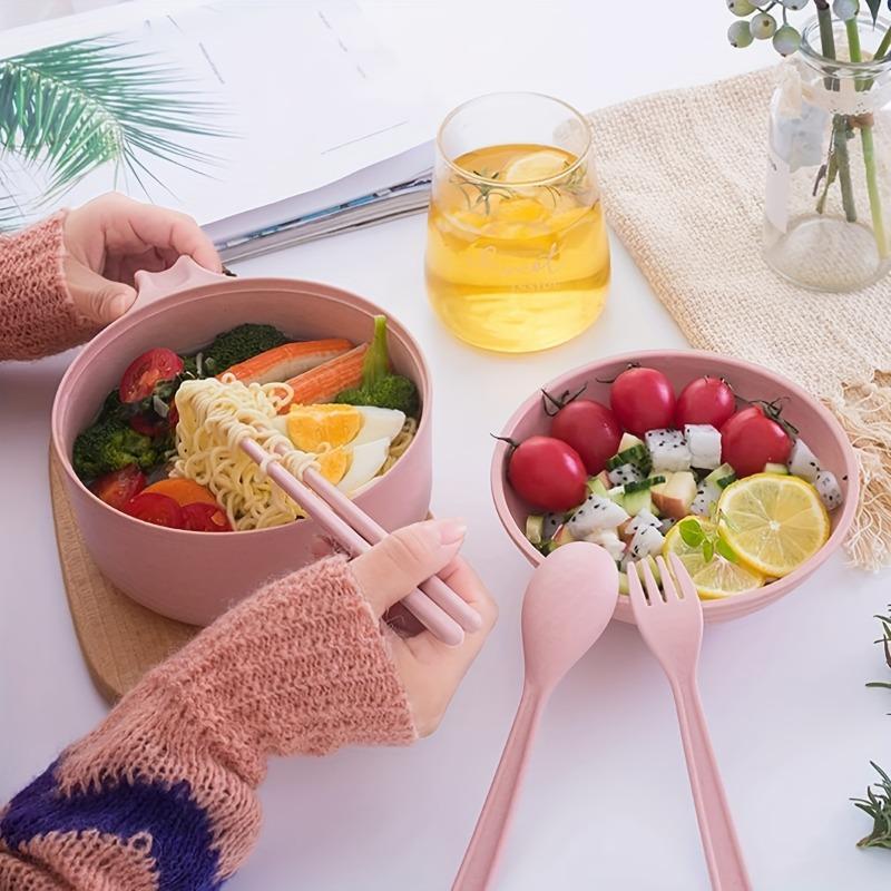 5pcs Wheat Straw Lamian Noodles Bowl and Lunch Box with Lid Spoon, Fork and Chopsticks Especially Suitable for Kitchen Tableware