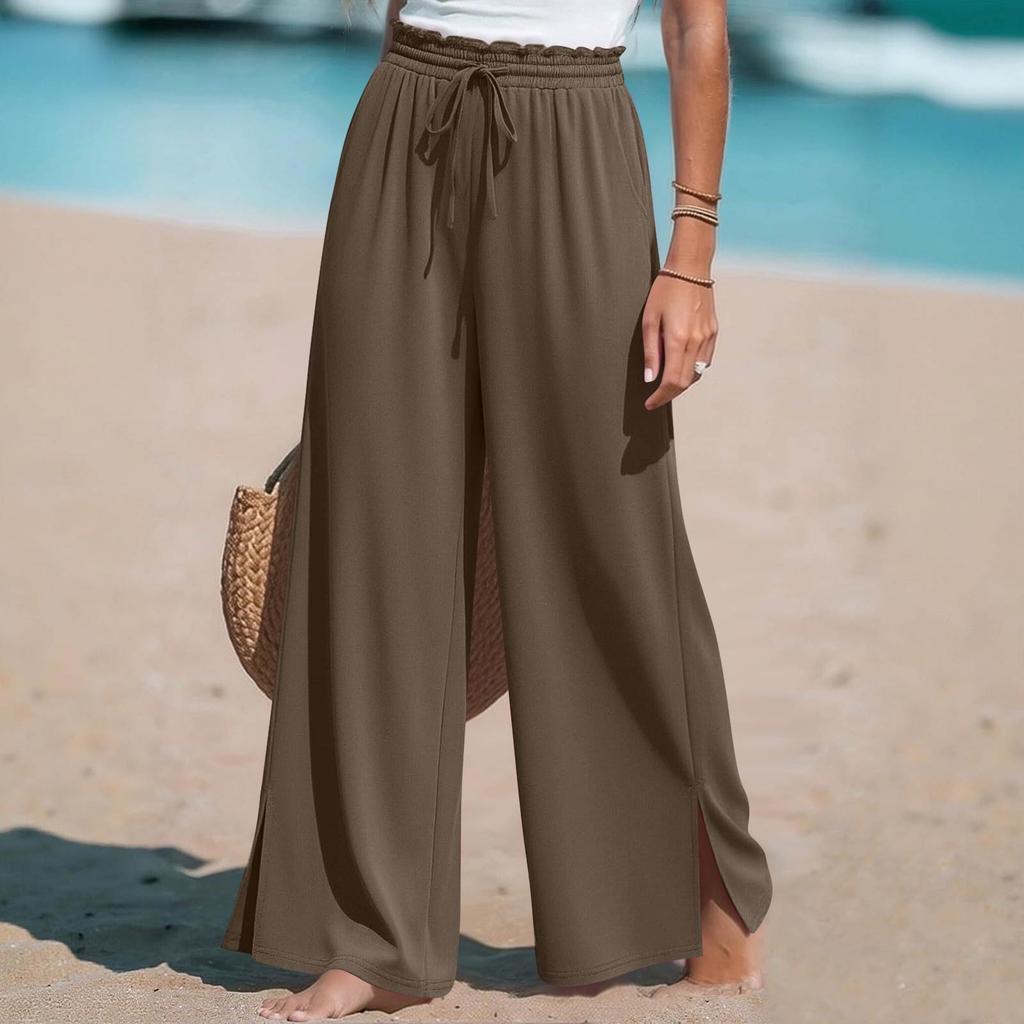 Women Wide Leg Split Pants Drawstring Waist Pockets Casual High Waist Pleated Beach Trousers Lightweight Loose Fit
