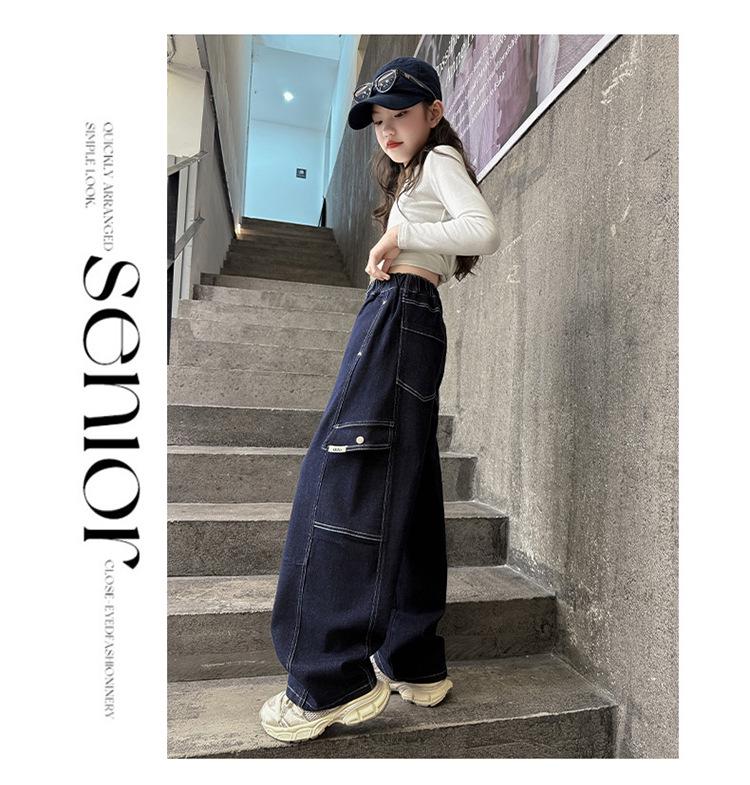 Dívčí podzimní ležérní cargo kalhoty - Džínové kalhoty s širokými nohavicemi pro děti