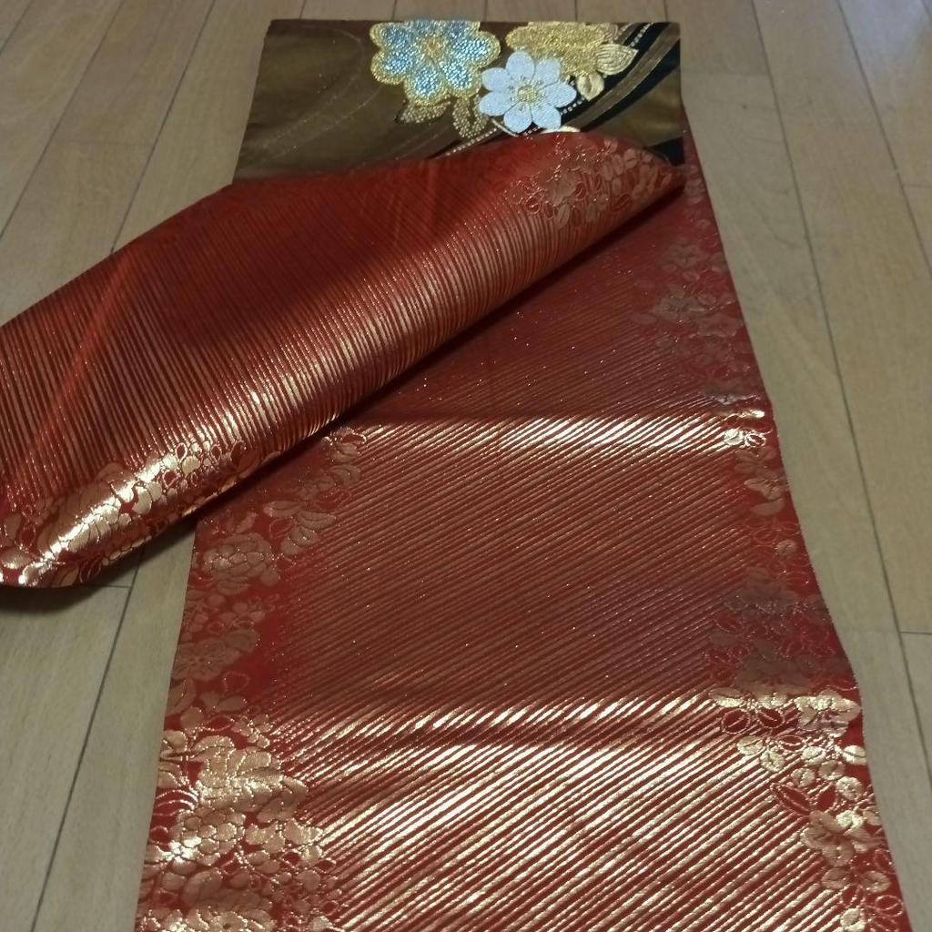 Used Pure Silk Fukuro Obi, Six-panel Pattern, Flower and Butterfly Motif, Gold Thread, Black Background, for Furisode Kimono, Coming-of-age Ceremony