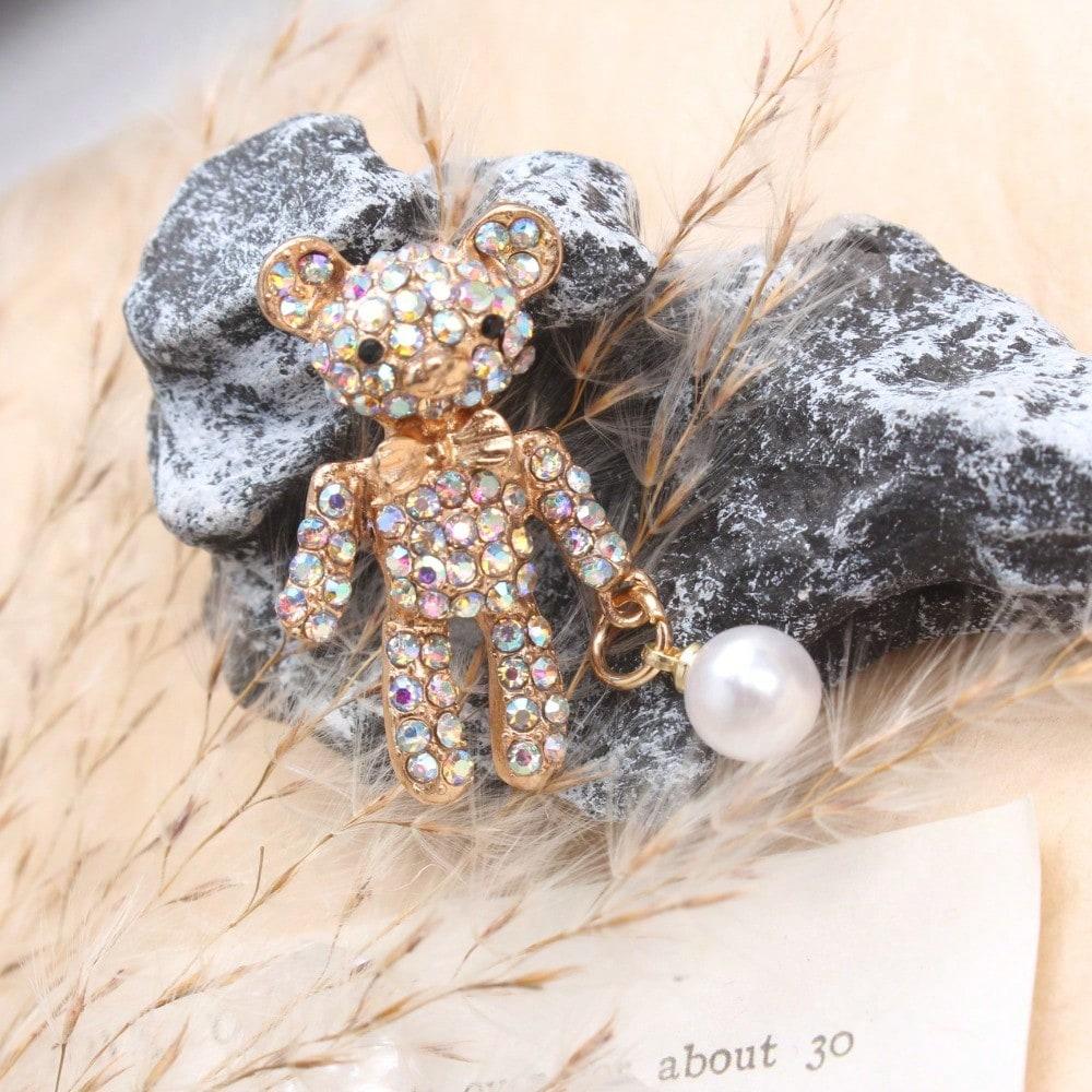 Vintage Teddy Bear Brooch Set, Gold Silver-Toned Rhinestone Pearl Pin, Fashion Accessory for Outfits Bags Styling