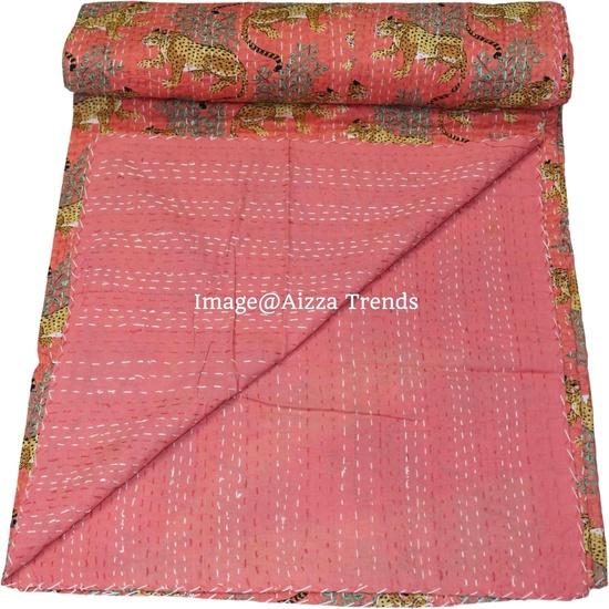 Aizza Trends Handmade Pure Cotton Tiger Print Kantha Quilt  - Traditional Look Bed Spread Kantha Gudri - Vintage Hand Stitch Gudri
